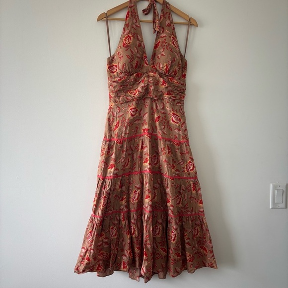 Philip Decaprio Designer Floral Maxi Halter Cotton Dress in Red and Tan Size 10 - Picture 2 of 11
